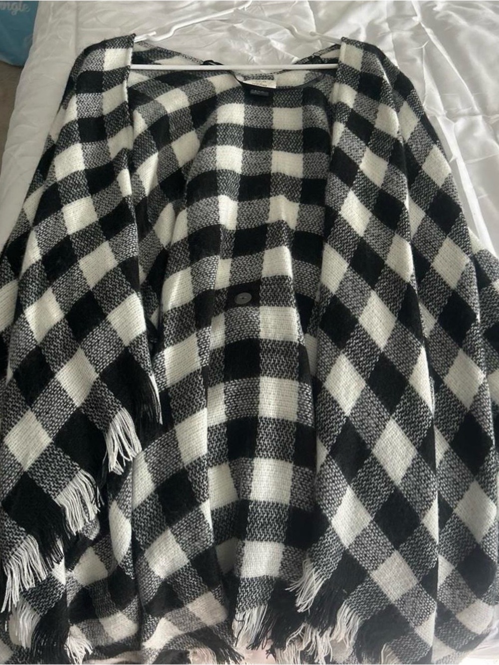 David and Young Black and White Checked Fringe Poncho